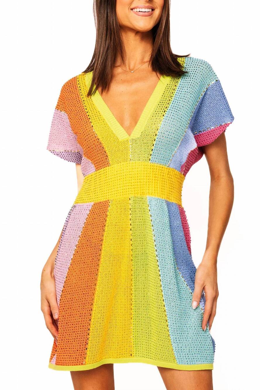 NEW QUEEN OF SPARKLES rhinestone v neck mini dress in rainbow